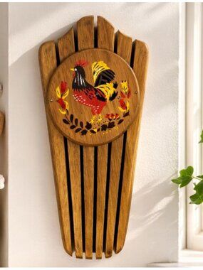 Vintage Rooster Wall Knife Rack Hand Painted Wood Farmhouse Kitchen Decor
